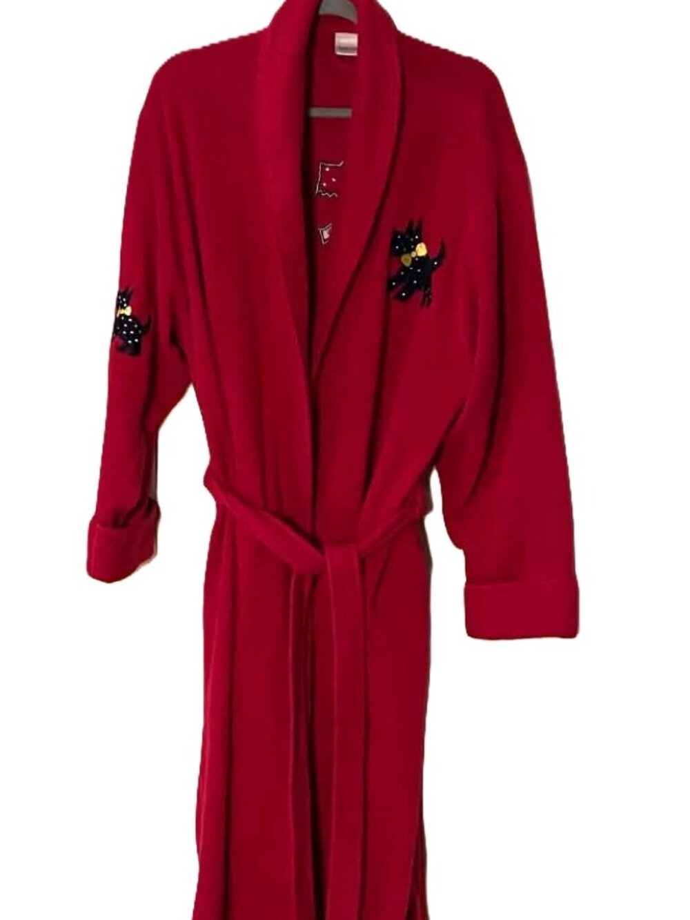 Delicates Red Fleece Robe Women's XL Scottie Dog Applique Belted Long Housecoat